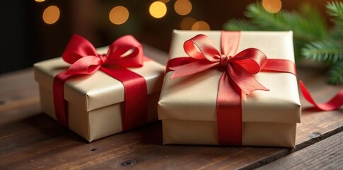 Luxury wrapped presents, satin ribbons, oak table, wedding, celebration, satin