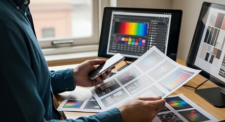 Graphic Designer Reviewing Color Schemes and Designs