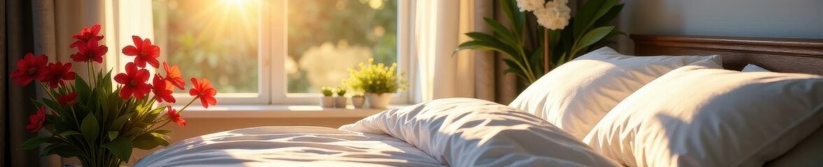 Sunlight streams through window onto blooming flowers beside bed , floral, plants