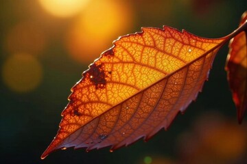Sun-drenched amber leaf, serrated edges, decaying gracefully, leaf, delicate, decay
