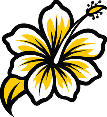 A stylized hibiscus flower with bold black outlines, vibrant yellow accents, and a white background, perfect for tropical-themed designs or logos.