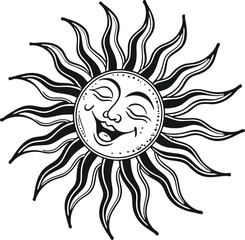 Bright cartoon sun and moon symbols illustrate a smiling summer design with tribal heat and yellow shine