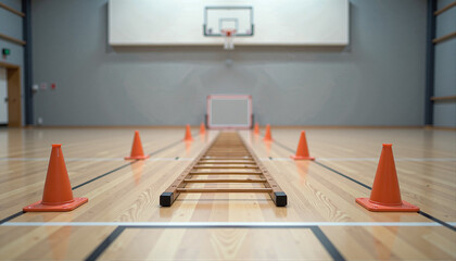 Training cones and ladder set up in empty gymnasium  