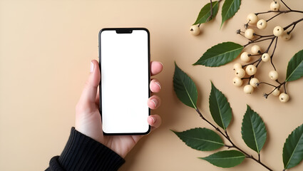 Hand Holding Smartphone Mockup with Blank Screen on Brown Background - Free Download & Design Ideas