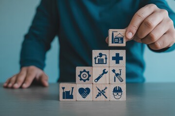 Wooden blocks with icons representing different industries.
