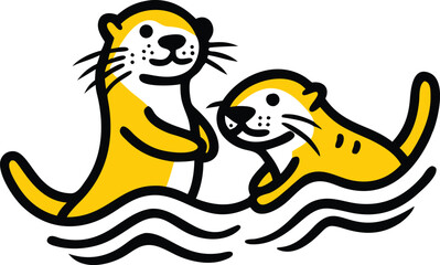 Two playful otters frolicking in the water, a vibrant illustration showcasing their joyful interaction and aquatic habitat.