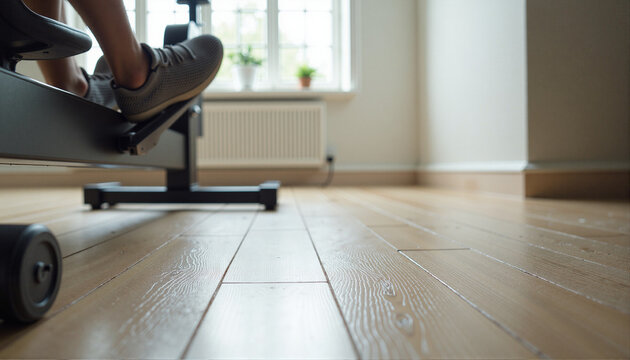 Person exercising on rowing machine with footrest in bright room  