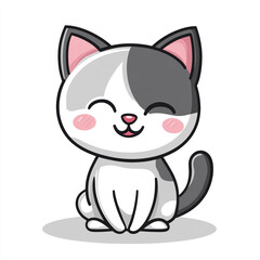 Fototapeta premium A delightful, happy gray and white cartoon cat icon with rosy cheeks, sitting cutely.