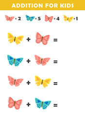 Addition for Kids. Fun Math Logic Puzzles for Kids. Math Game with Cute Butterfly Illustration. Math Activities for Children.
