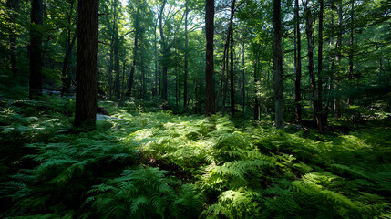 Obraz premium Lush Forest Underlayer In Blue Ridge Pine Forest With Rich Ferns And Warm Forest Light