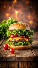Sizzling burger sitting on a rustic wooden table surrounded by fresh lettuce leaves and juicy tomatoes