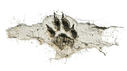 Piece of broken wall with a muddy animal paw print on a transparent background, perfect for photo manipulations or design projects needing a rugged, wild touch