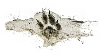Piece of broken wall with a muddy animal paw print on a transparent background, perfect for photo manipulations or design projects needing a rugged, wild touch
