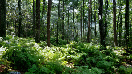 Fototapeta premium Lush Forest Underlayer In Blue Ridge Pine Forest With Rich Ferns And Warm Forest Light
