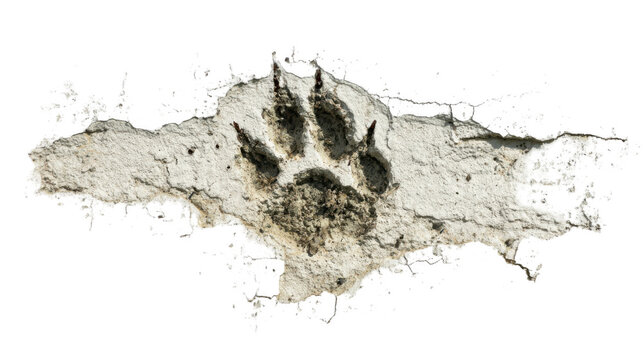 Piece of broken wall with a muddy animal paw print on a transparent background, perfect for photo manipulations or design projects needing a rugged, wild touch