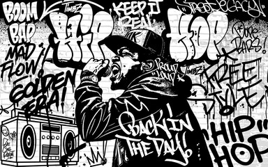 Hip-hop rap graffiti background vector illustration. Turntable Hip-Hop music 90's old-school drawing with graffiti tags, spray paint effect and throw up
