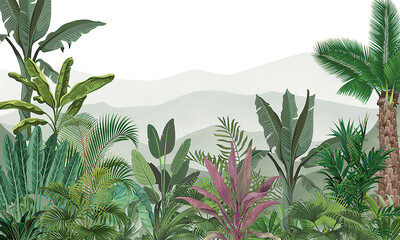 Muted Tropical Mountain Landscape Wallpaper: Green and Pink Hills & Foliage