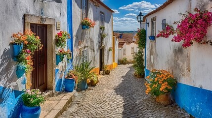 Fototapeta premium Charming Alley in bidos Picturesque Whitewashed Buildings Adorned with Colorful Flowers
