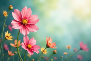 Vibrant watercolor wildflowers, blurred soft focus background, design element, wallpaper