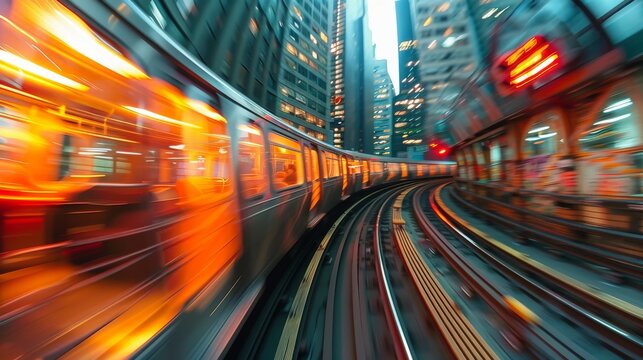A motion-blurred image of a train in a bustling city, symbolizing the fast-paced urban life, connectivity, and the thrill of movement in modern metropolitan environments.