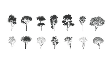 Collection of grayscale tree silhouettes various shapes and sizes botanical illustrations