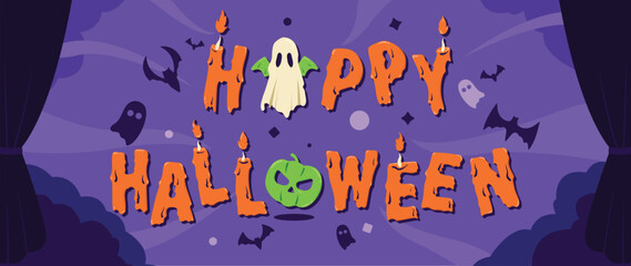 Happy halloween text design vector. Purple background with orange text, pumpkin, candle, ghost. Halloween festival illustration for decoration, prints, banner, stickers. 