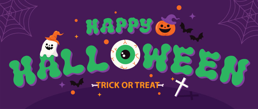 Happy halloween text design vector. Purple background with green text, cobweb, ghost, pumpkin, eye, bat. Halloween festival illustration for decoration, prints, banner, stickers. 
