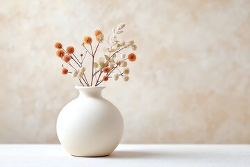 minimalist ceramic vase with dried flowers, neutral tones, white table and background, calm composition