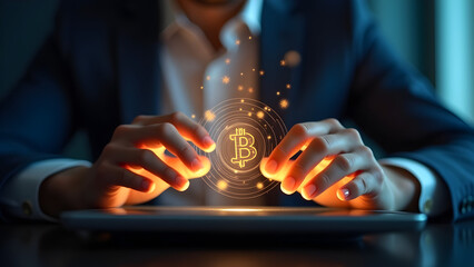 Close up of backlit hand at desk using tablet with abstract glowing money mesh on blurry background. Cryptocurrency and online banking concept