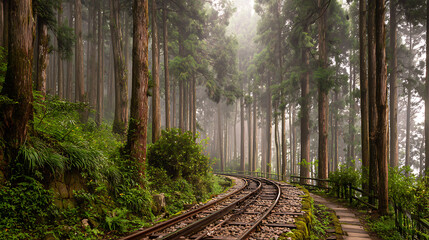 Obraz premium Mountain Cedar Forest And Railway In Alishan Taiwan With Fog And Soft Light