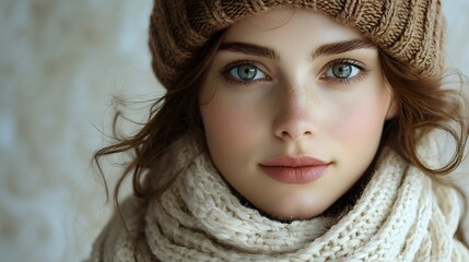 Young Woman with Blue Eyes Wearing Brown Hat and Cream Scarf In Cozy Indoor Setting