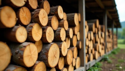 Tight shot of neatly arranged cut logs in outdoor storage , close-up, pile, ready