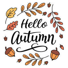 Hello Autumn Seasonal Typography Vector Illustration Featuring Autumn Leaves and Acorns