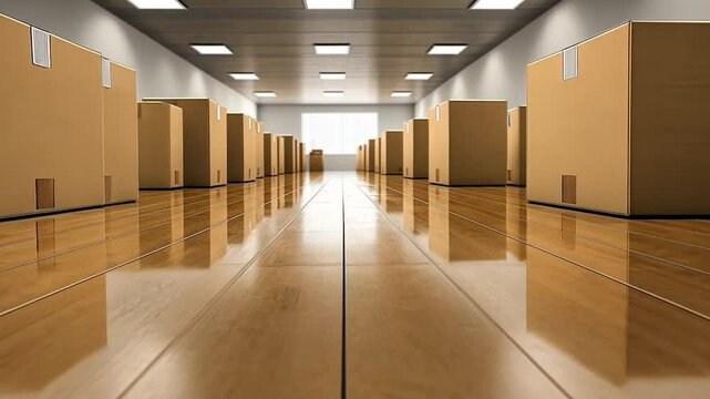 Endless Rows of Cardboard Boxes in a Warehouse