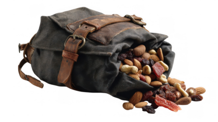 Vintage canvas and leather backpack overflowing with a mix of nuts, seeds, and dried fruit offers a tempting display of healthy snacking for outdoor adventures