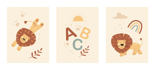 Safari-themed nursery wall art with playful lions alongside colorful letters and cheerful rainbows, creating a fun and educational atmosphere for children's spaces. Perfect for any nursery.