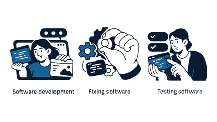Illustrative depiction of software development process key phases including coding, debugging, and testing stages highlighting teamwork and problem solving.