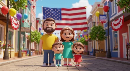 Cartoon family posing happily on a decorated street for 4th of July