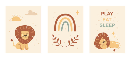 This delightful safari nursery wall art showcases playful lions, a vibrant rainbow, and cheerful text. Perfect for creating a fun and inviting atmosphere in children's spaces.