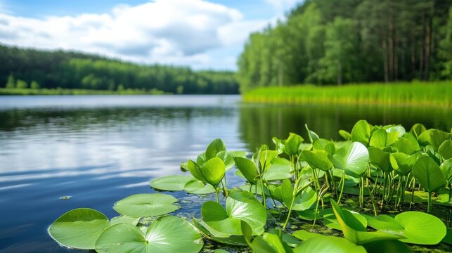 A calm lake surrounded by lush green trees under a partly cloudy sky with vibrant water lilies floating on the water"s surface in the foreground.