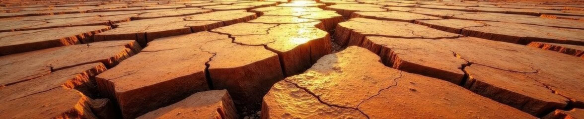 Network of deep cracks in baked earth, showing layered sediment, cracked ground, heat