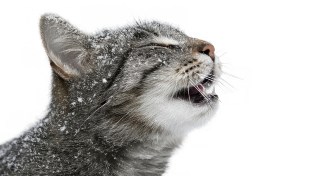 Grey cat is exhaling in chilly surroundings, snowflakes are visible on its fur, transparent background allows for easy integration into different projects