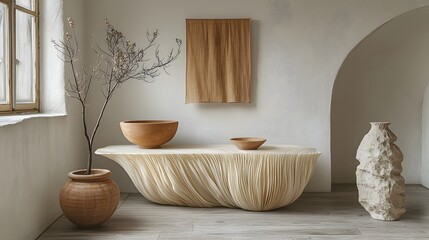 Elegant Indoor Space Featuring Minimalist Decor with Organic Shapes and Earthy Tones