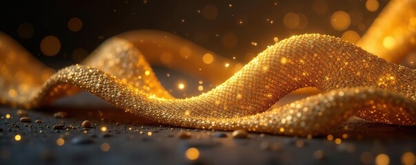 Intricate gold thread woven into glowing package , mystical, artisan, ornate