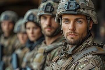 Fototapeta premium A close-up of a group of focused soldiers in tactical gear, embodying bravery and camaraderie, prepared for action amidst the challenges of military service.