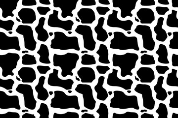 Classic black-and-white cowhide seamless pattern with irregular patches. Ideal for rustic décor, dairy branding, and Western-style graphic projects.