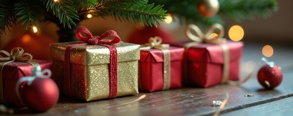 Glittery gift boxes tied with twine beneath a Christmas tree's boughs , wrapped presents, xmas gifts, holiday