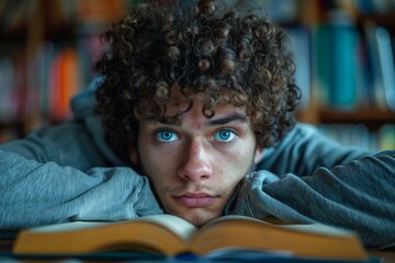 A young man with curly hair rests his chin on an open book, displaying a contemplative expression in a cozy library, representing the pursuit of knowledge and deep thought.