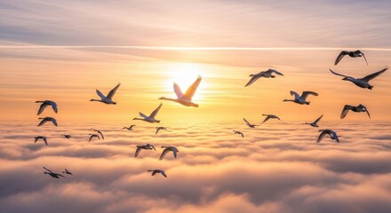 Fototapeta premium Birds Soaring Above Golden Clouds at Sunset - A flock of birds flying in formation above a sea of clouds during a vibrant sunset. Symbolizing freedom, journey, unity, hope, and aspiration