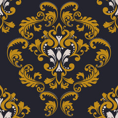 
Floral pattern. Vintage wallpaper in the Baroque style. Seamless vector dark blue background. Gold and beige ornament for fabric, Leaf repeating on wallpaper, packaging.Ornate Damask flower ornament
